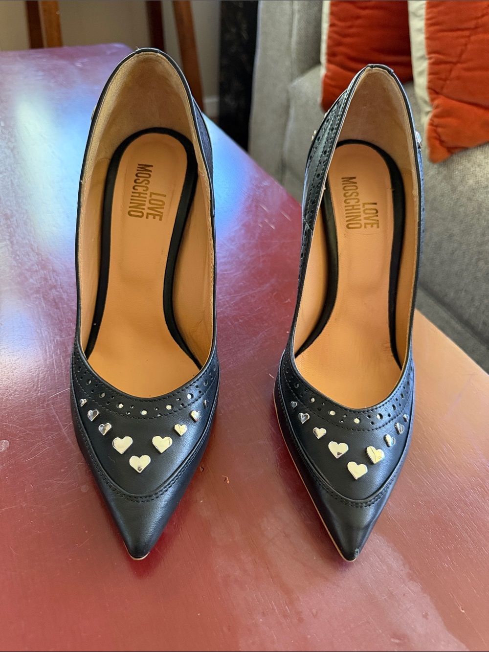 Love Moschino Black Pointed Heart-Stud Pumps
